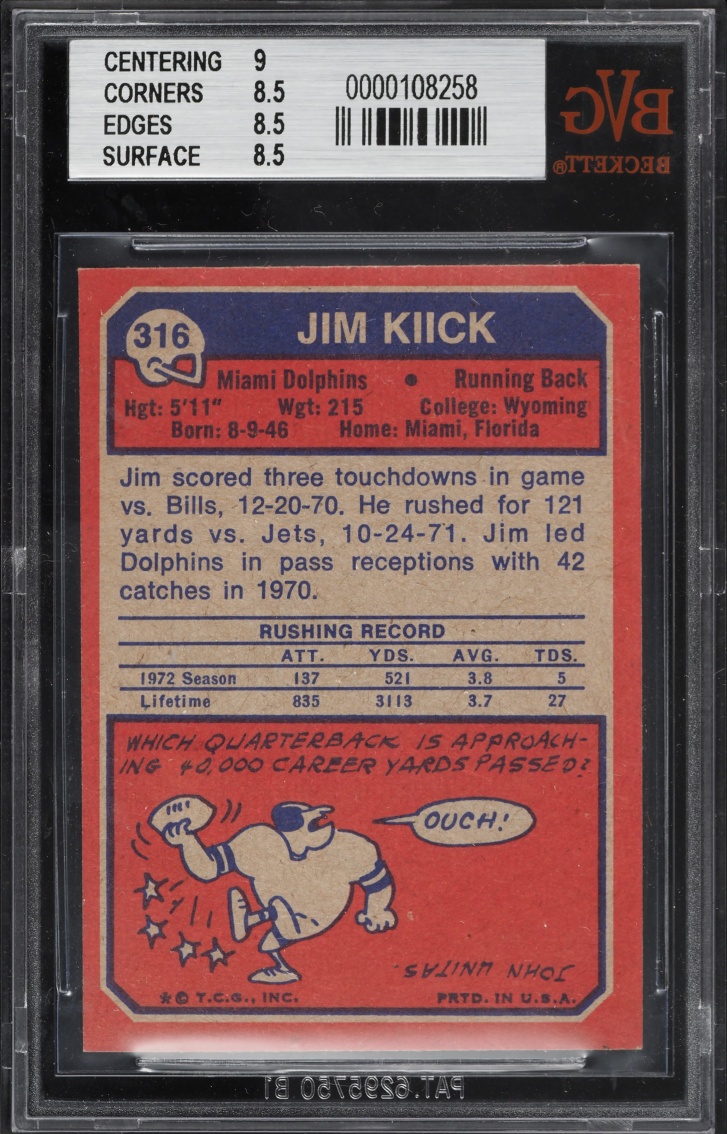1973 Topps Football Jim Kiick #316 BVG 8.5 NM-MT+