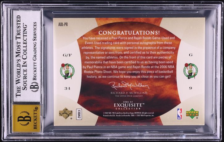 2006 Exquisite Collection Dual Paul Pierce Rajon Rondo NBA LOGOMAN PATCH AUTO 1/1 #ADL-PR BGS 7