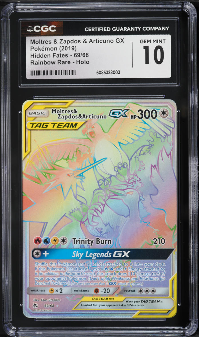 2019 Pokemon SM Hidden Fates Rainbow Rare Moltres Zapdos Articuno GX #69 CGC 10 GEM MINT