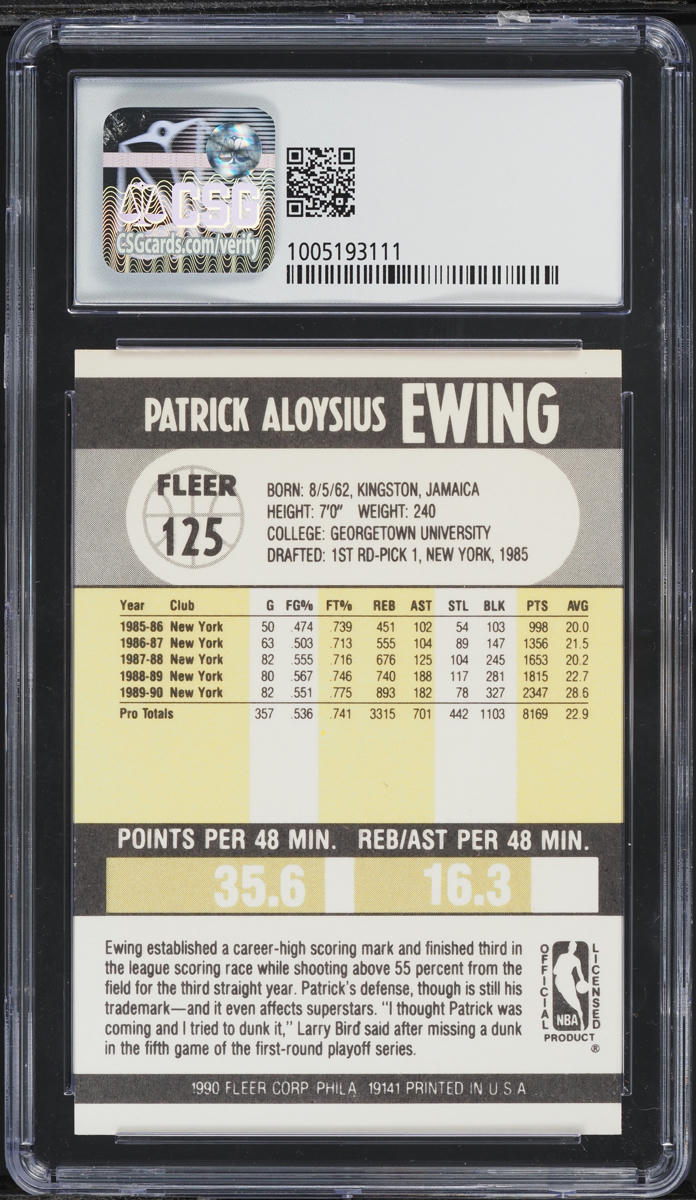 1990 Fleer Basketball Patrick Ewing #125 CSG 9 MINT