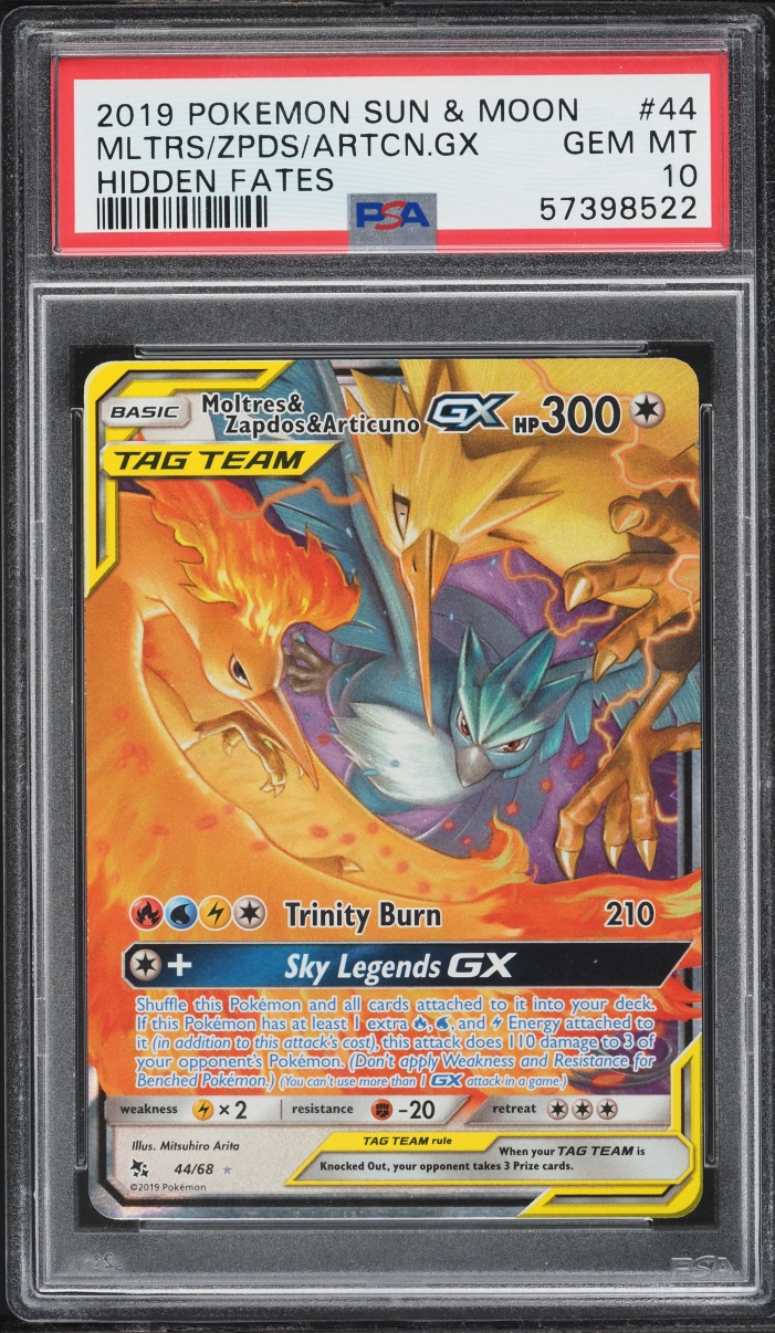 2019 Pokemon Sun & Moon Hidden Fates Holo Moltres & Zapdos & Articuno GX #44 PSA 10 GEM MINT