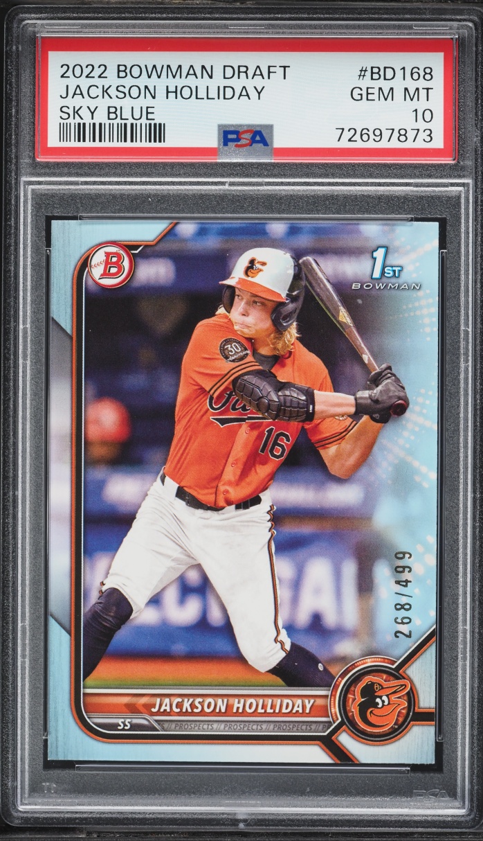 2022 Bowman Draft Sky Blue Jackson Holliday PROSPECT /499 #BD-168 PSA 10 GEM MINT