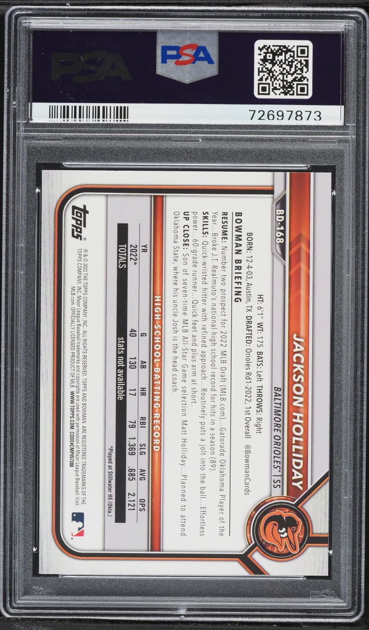 2022 Bowman Draft Sky Blue Jackson Holliday PROSPECT /499 #BD-168 PSA 10 GEM MINT