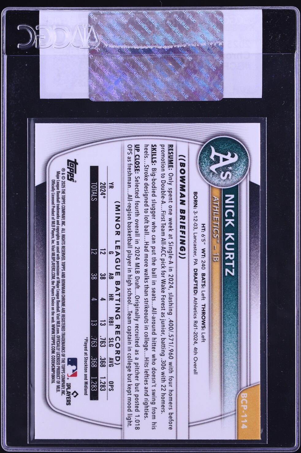 2025 Bowman Chrome Nick Kurtz PROSPECT #BCP-114 CGC AUTH