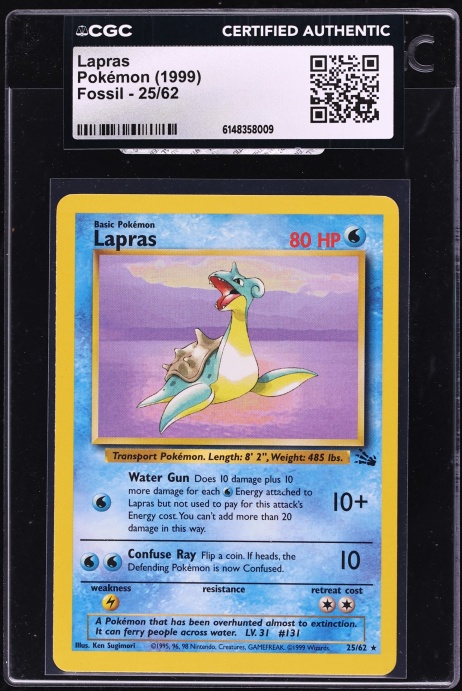 1999 Pokemon Fossil Lapras #25 CGC AUTH