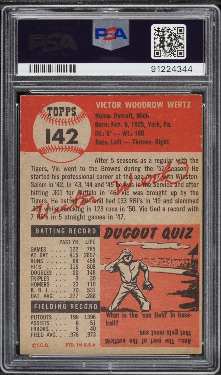 1953 Topps Vic Wertz SHORT PRINT #142 PSA 6 EXMT
