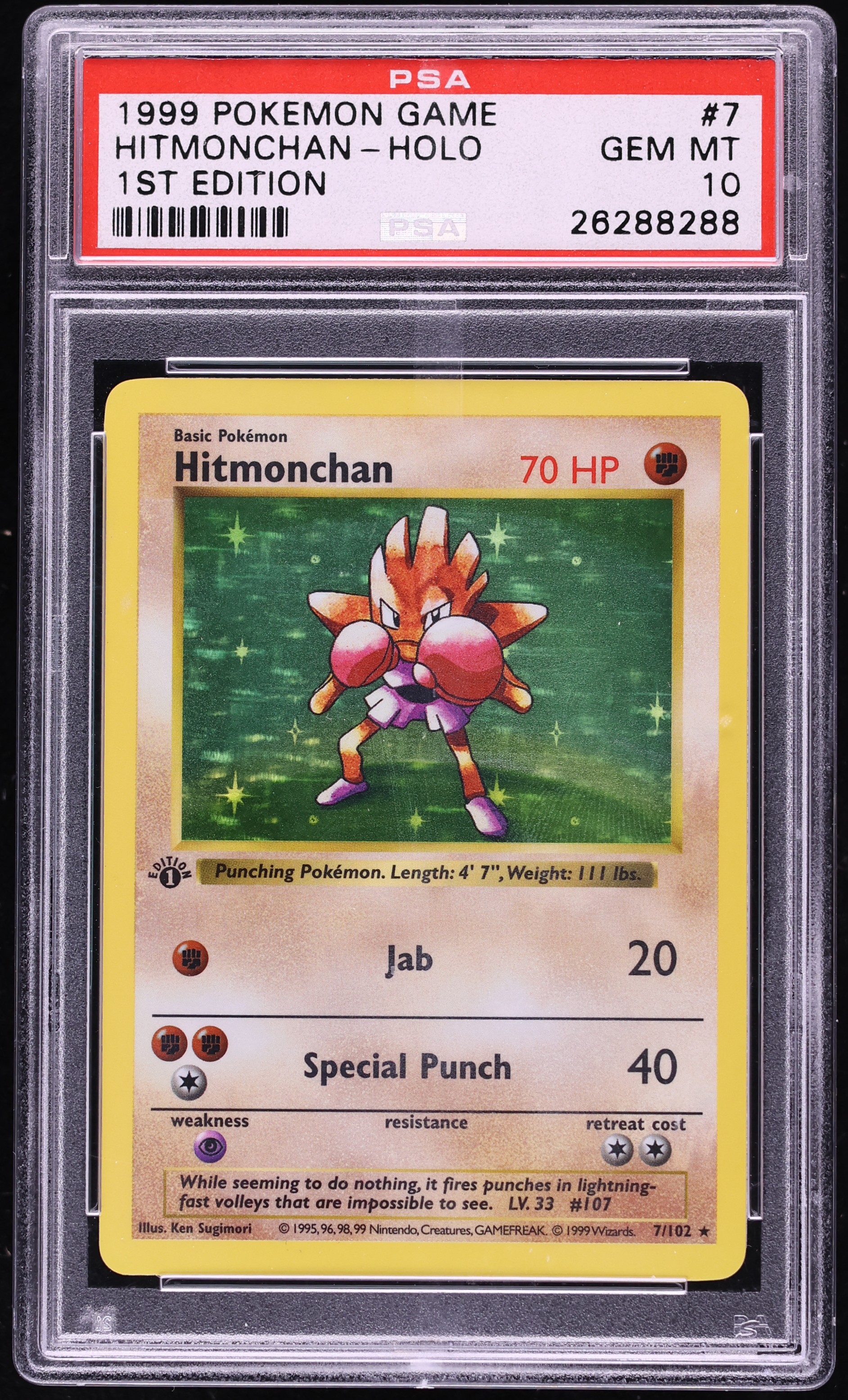 1999 Pokemon Base Set 1st Edition Shadowless Holo Hitmonchan #7 PSA 10 GEM MINT