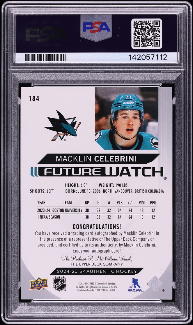 2024 SP Authentic Future Watch Macklin Celebrini ROOKIE AUTO /999 #184 PSA 8 NM-MT