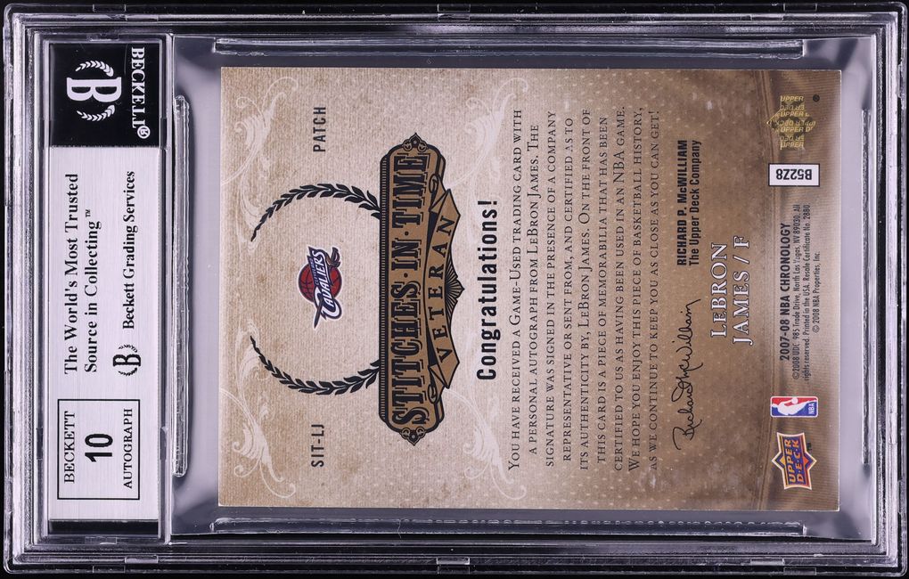 2007 Upper Deck Chronology Stitches In Time LeBron James PATCH AUTO /25 #SIT-LJ BGS 8.5 NM-MT+
