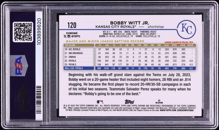 2024 Topps Chrome Gold Raywave Refractor Bobby Witt Jr. /50 #120 PSA 10 GEM MINT