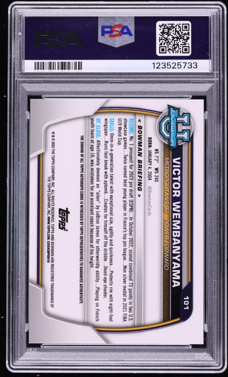 2022 Bowman Chrome University Victor Wembanyama ROOKIE AUTO #101 PSA 10 GEM MINT