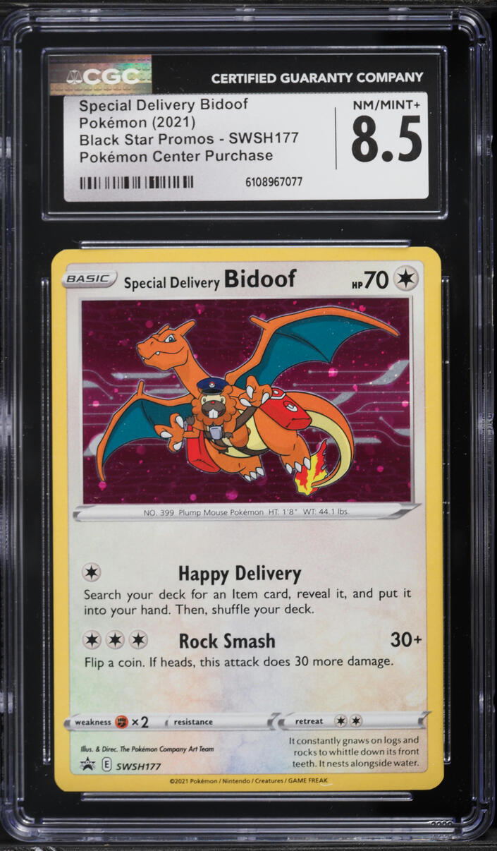2021 Pokemon Sword & Shield Promo Center Holo Special Delivery Bidoof #SWSH177 CGC 8.5 NM-MT+