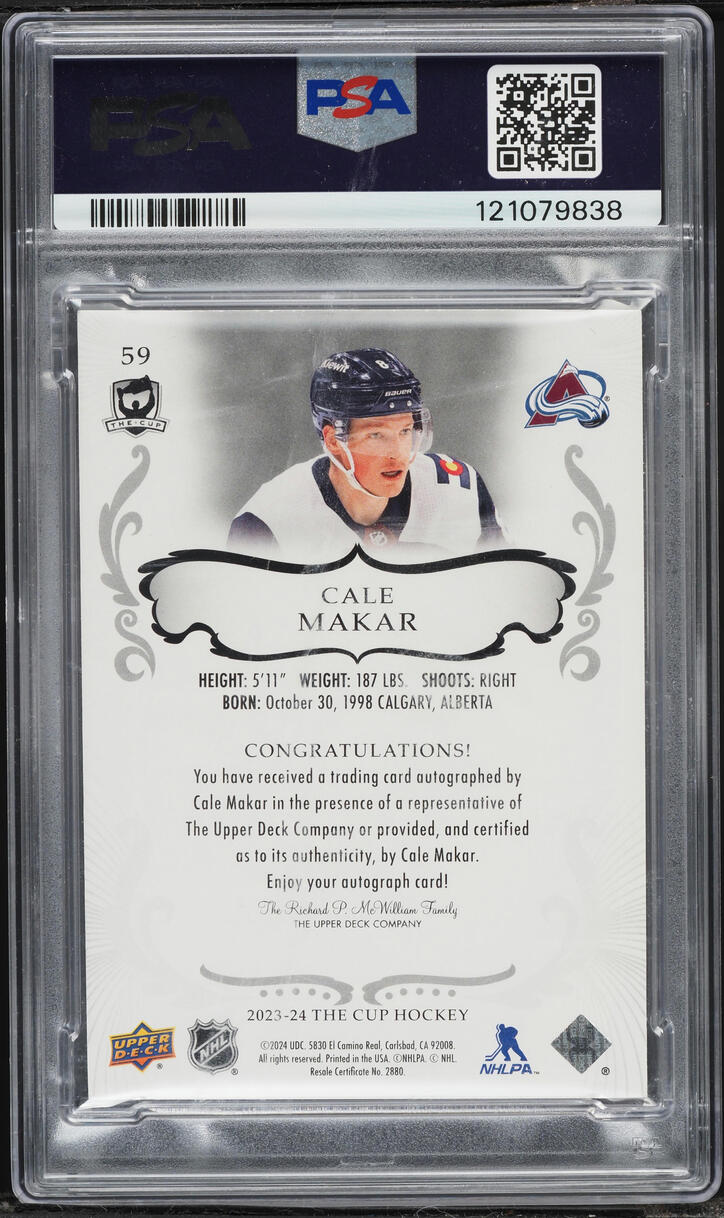 2023 Upper Deck The Cup Black Foil Variation Cale Makar AUTO DNA 9 1/1 #59 PSA 7 NRMT