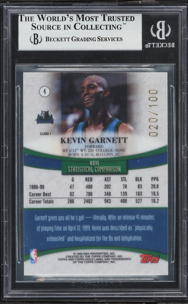 1999 Topps Gold Label Class 1 Red Label Kevin Garnett /100 #4 BGS 8.5 NM-MT+ - Photo 2