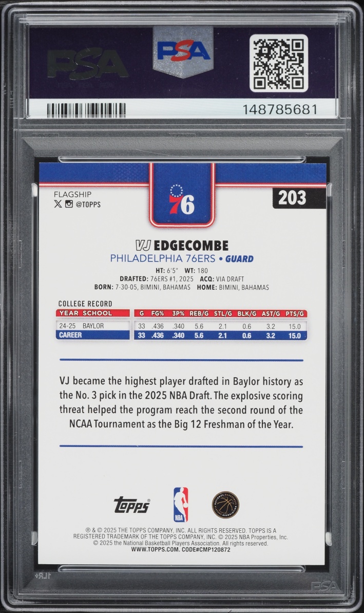2025 Topps Basketball VJ Edgecombe ROOKIE #203 PSA 9 MINT