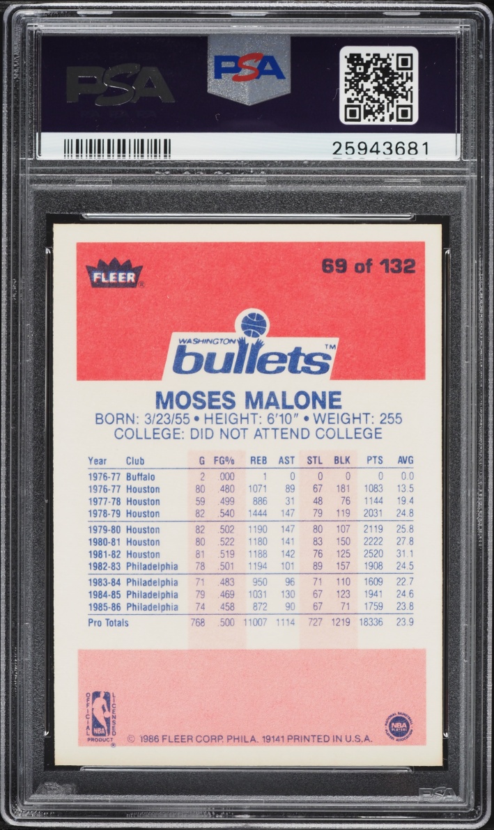 1986 Fleer Basketball Moses Malone #69 PSA 9 MINT
