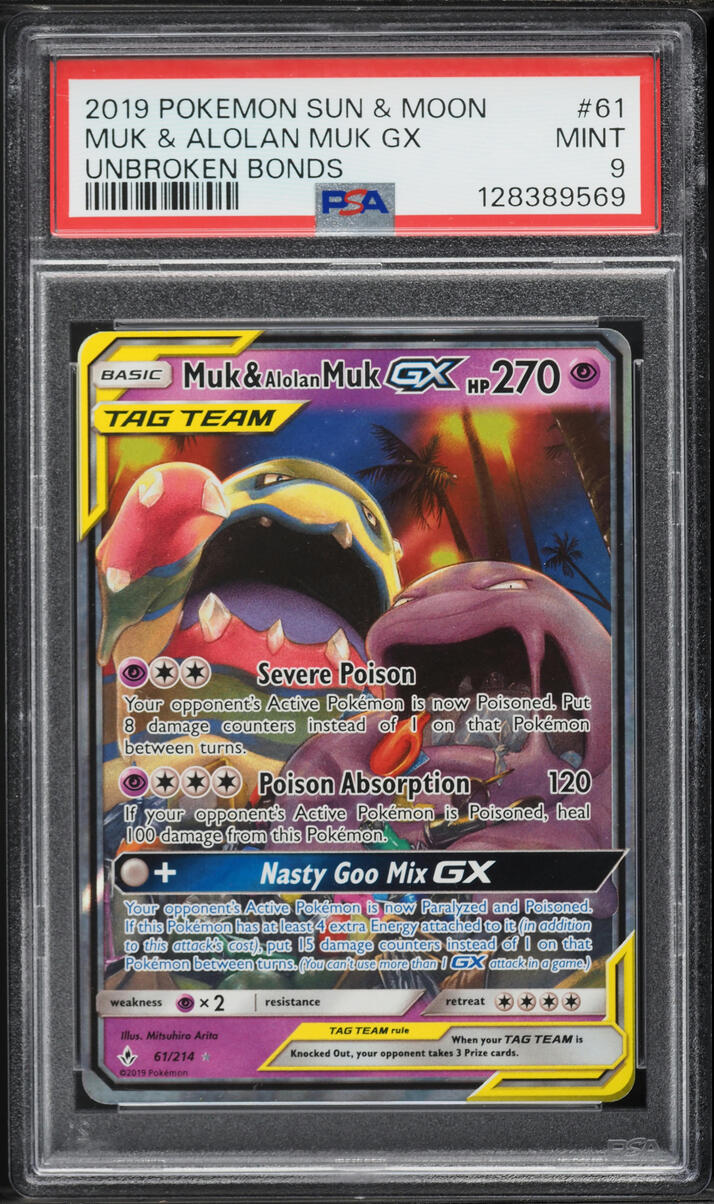 2019 Pokemon Sun & Moon Unbroken Bonds Full Art Muk & Alolan Muk GX #61 PSA 9 MINT