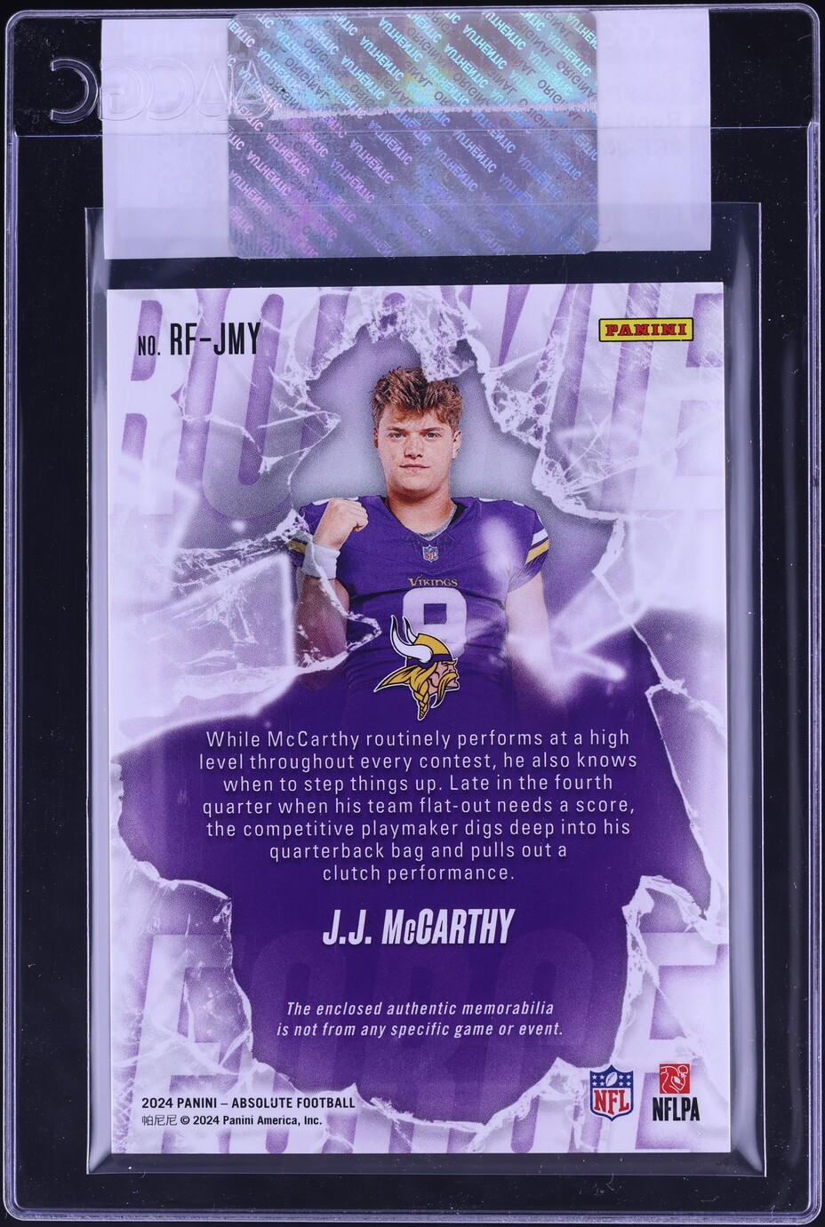 2024 Absolute Force J.J. McCarthy ROOKIE PATCH #RF-JMY CGC AUTH