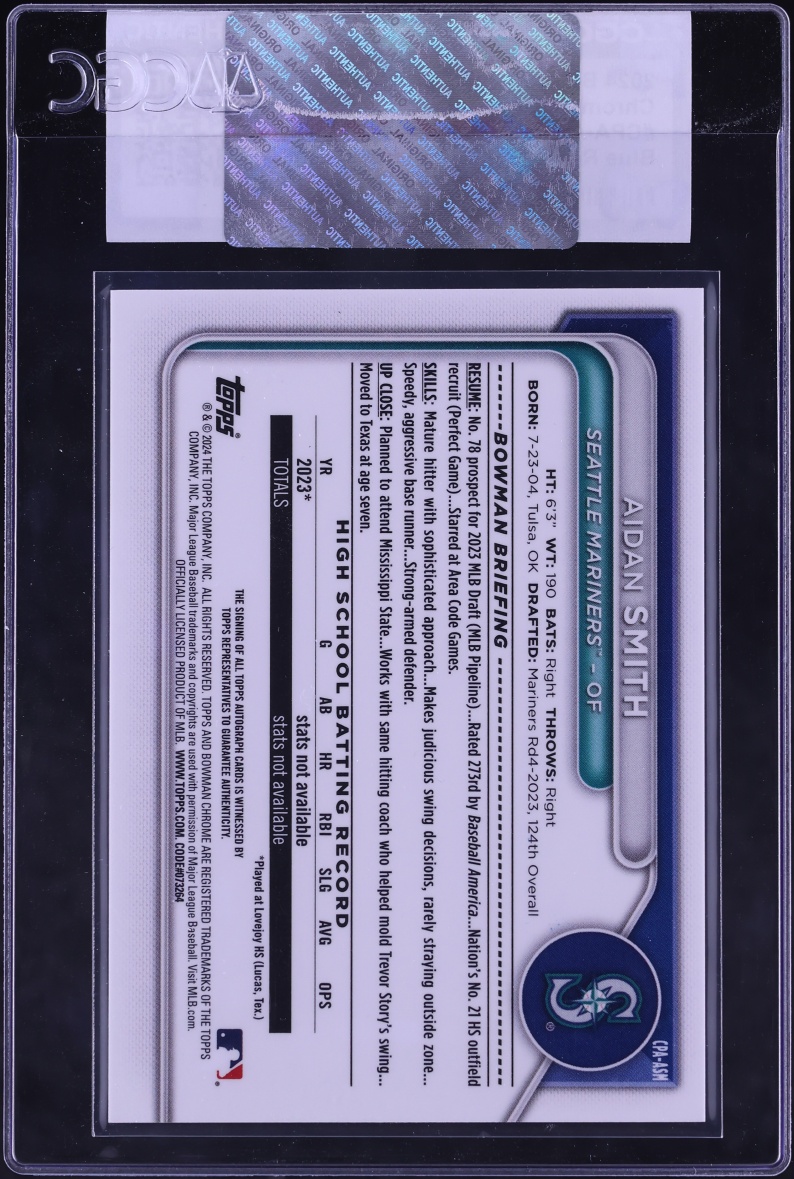 2024 Bowman Chrome Blue Refractor Aidan Smith PROSPECT AUTO /150 #CPA-ASM CGC AUTH