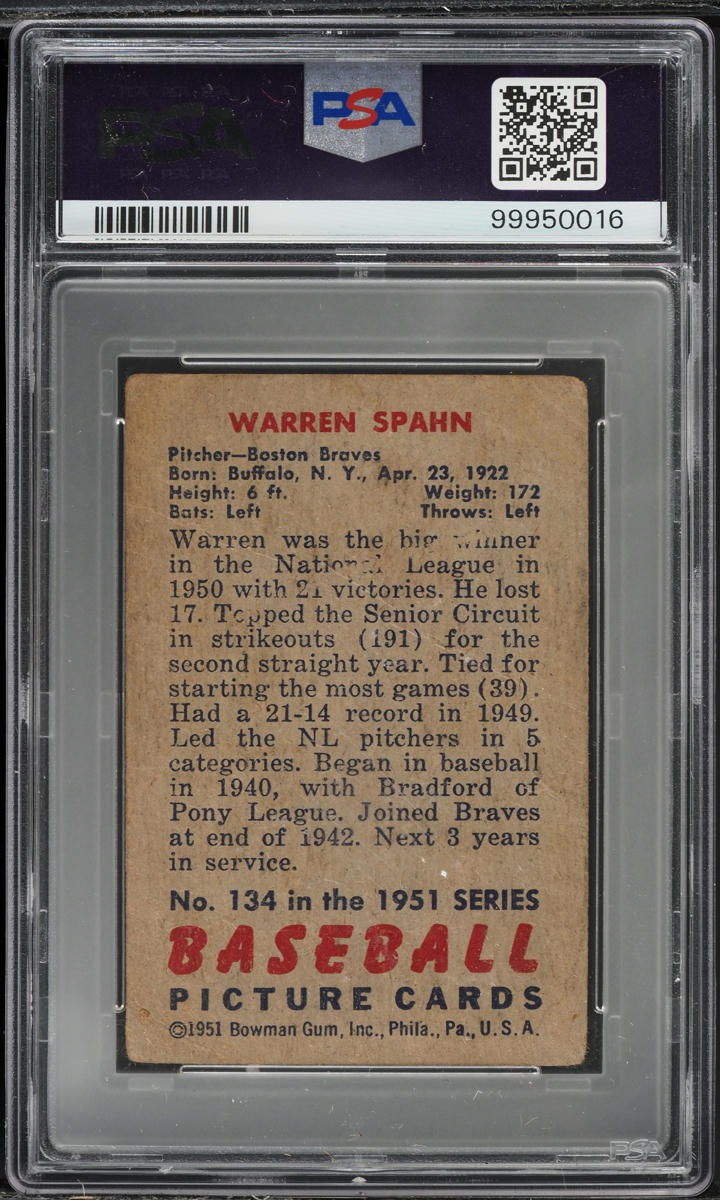 1951 Bowman Warren Spahn #134 PSA 1 PR