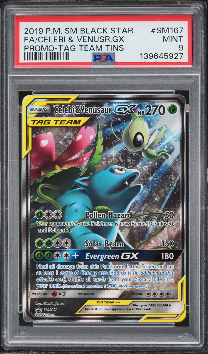 2019 Pokemon Sun & Moon Promo Tag Team Full Art Celebi & Venusaur GX #SM167 PSA 9 MINT