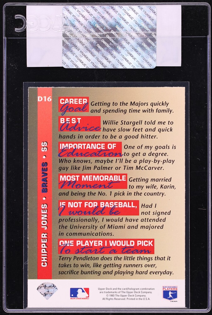 1993 Upper Deck On Deck Chipper Jones ROOKIE #D16 CGC AUTH
