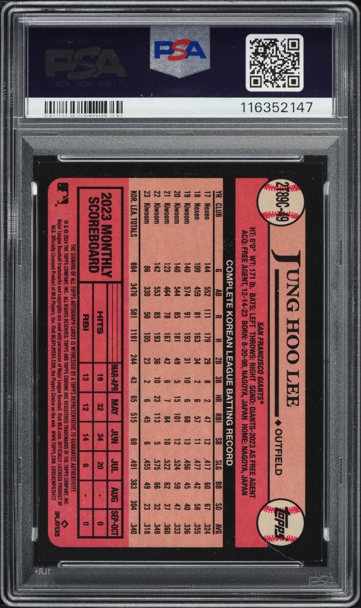 2024 Topps Chrome Silver Pack '89 Gold Refractor Jung Hoo Lee ROOKIE AUTO /50 #2T89C-49 PSA 8 - Photo 2