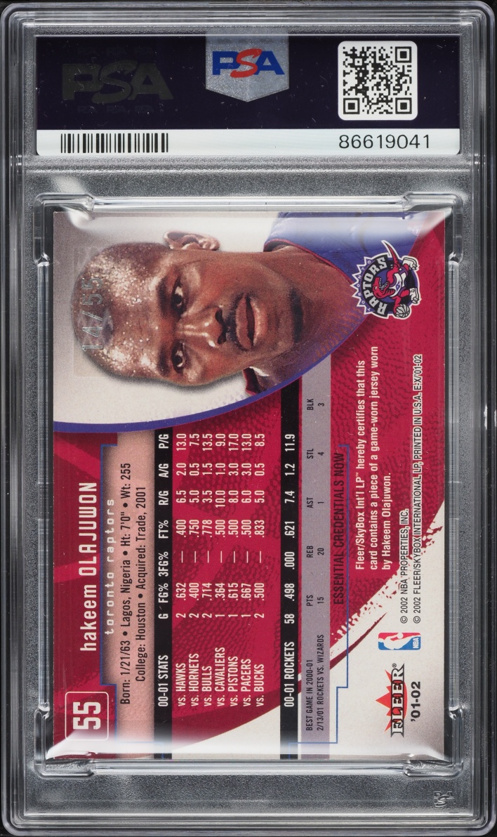 2001 Fleer E-X Essential Credentials Now Jersey Hakeem Olajuwon PATCH #55 PSA 6 EXMT - Photo 2