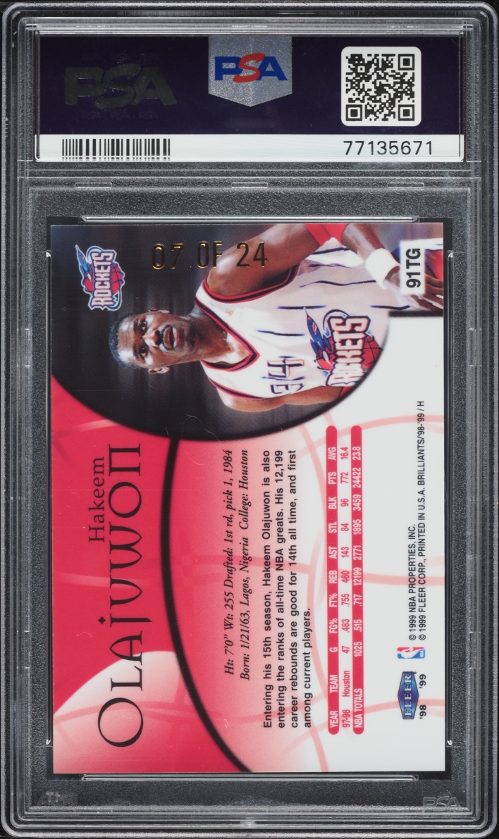 1998 Fleer Brilliants 24kt Gold Hakeem Olajuwon /24 #91TG PSA 8 NM-MT - Photo 2