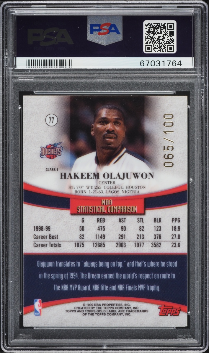 1999 Topps Gold Label Class 1 Red Label Hakeem Olajuwon /100 #77 PSA 9 MINT - Photo 2