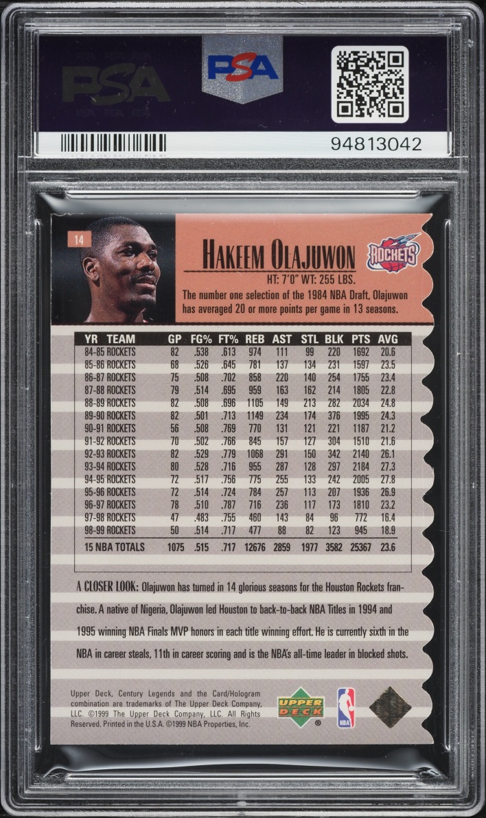 1998 Upper Deck Century Legends Century Collection Hakeem Olajuwon /100 #14 PSA 8 NM-MT - Photo 2