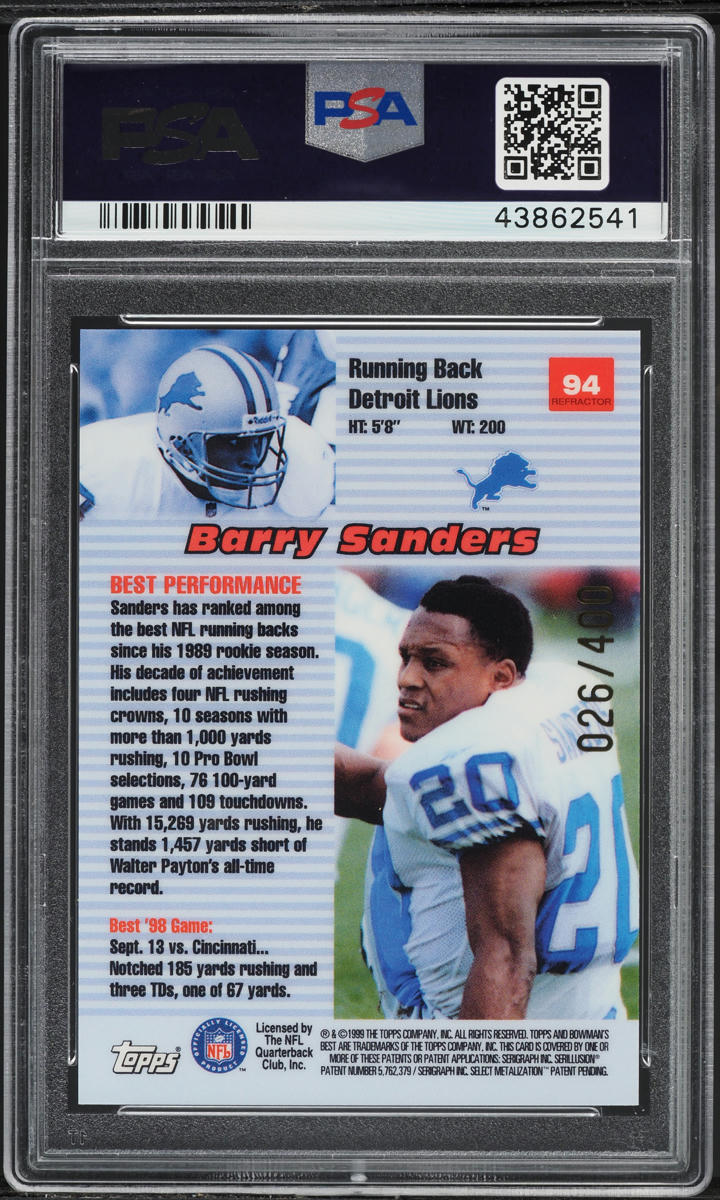 1999 Bowman's Best Refractor Barry Sanders /400 #94 PSA 10 GEM MINT