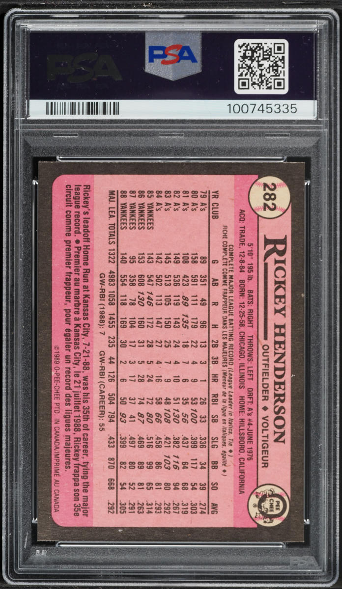 1989 O-Pee-Chee Rickey Henderson #282 PSA 10 GEM MINT