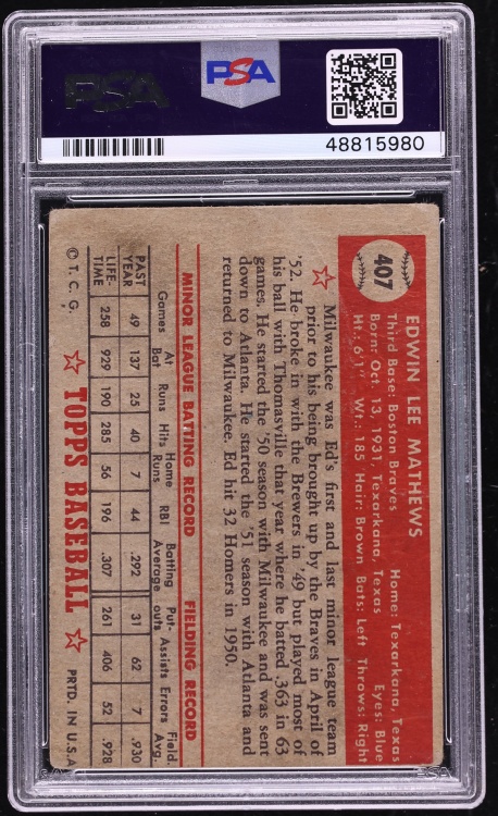 1952 Topps Eddie Mathews ROOKIE #407 PSA 1 PR