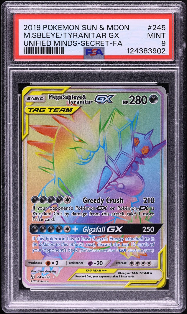 2019 Pokemon Sun & Moon Unified Minds Rainbow Rare Mega Sableye & Tyranitar GX #245 PSA 9 MINT