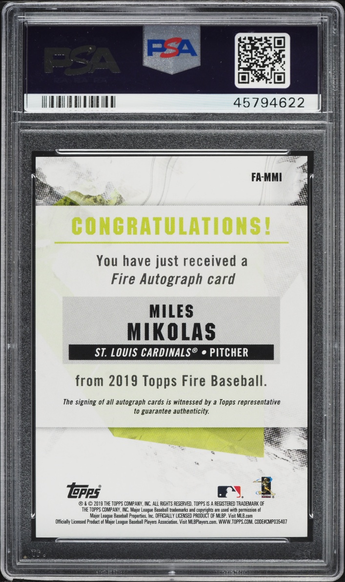 2019 Topps Fire Miles Mikolas AUTO #FA-MMI PSA 10 GEM MINT