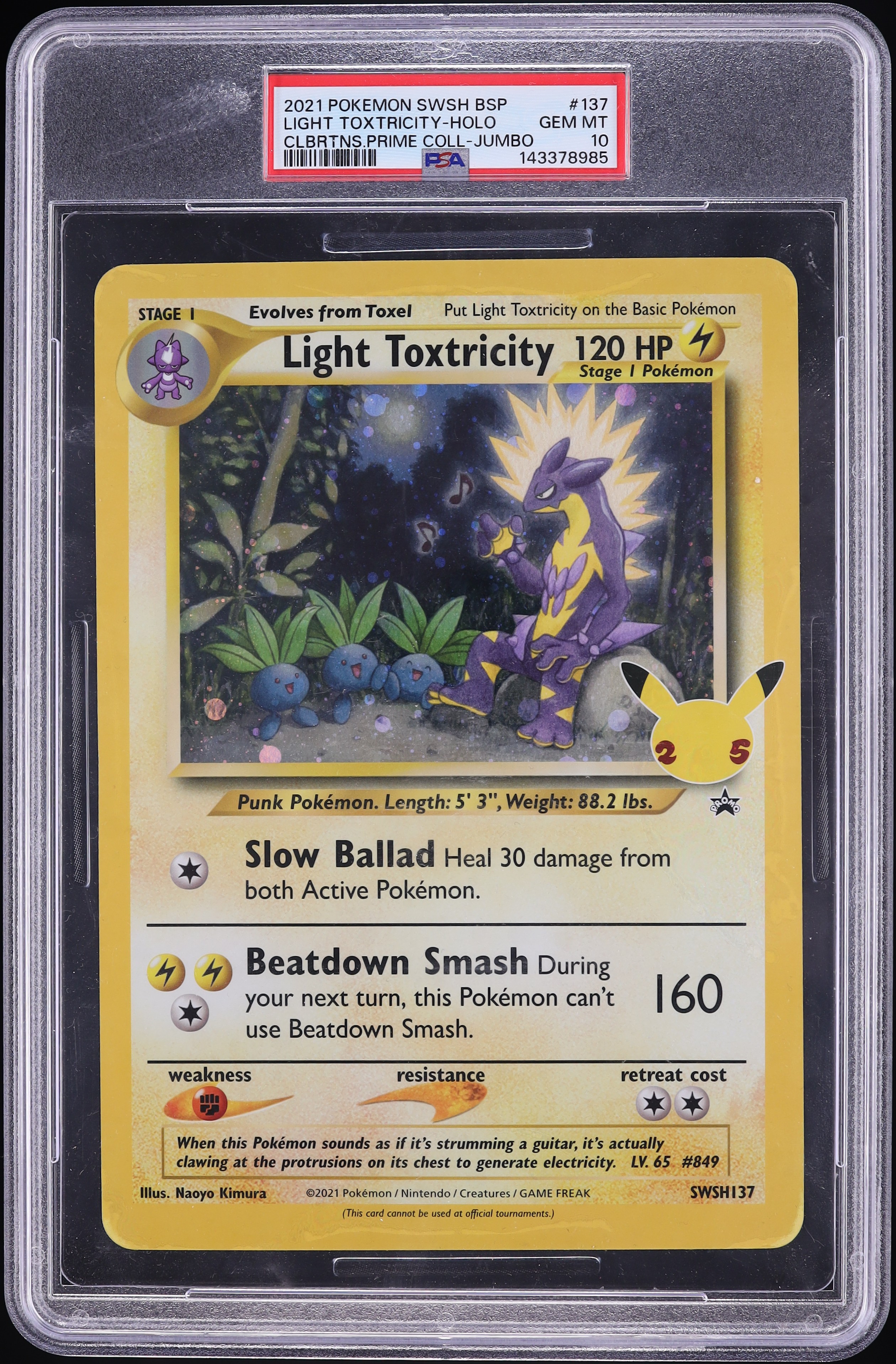 2021 Pokemon SWSH Promo Celebrations Prime Jumbo Holo Light Toxtricity #SWSH137 PSA 10 GEM MINT