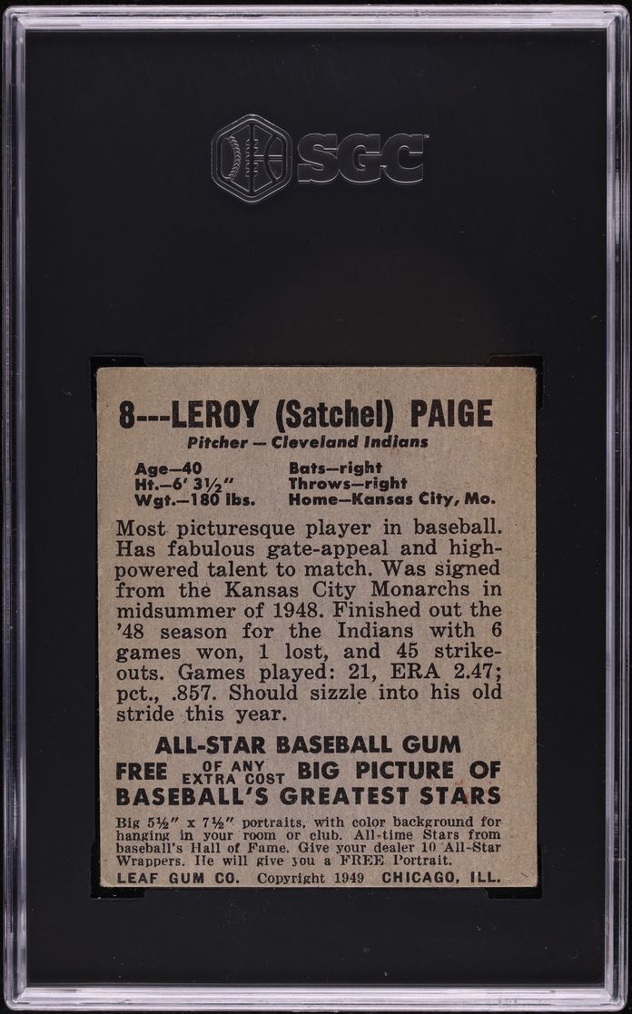 1948 Leaf Satchel Paige SP ROOKIE #8 SGC AUTH