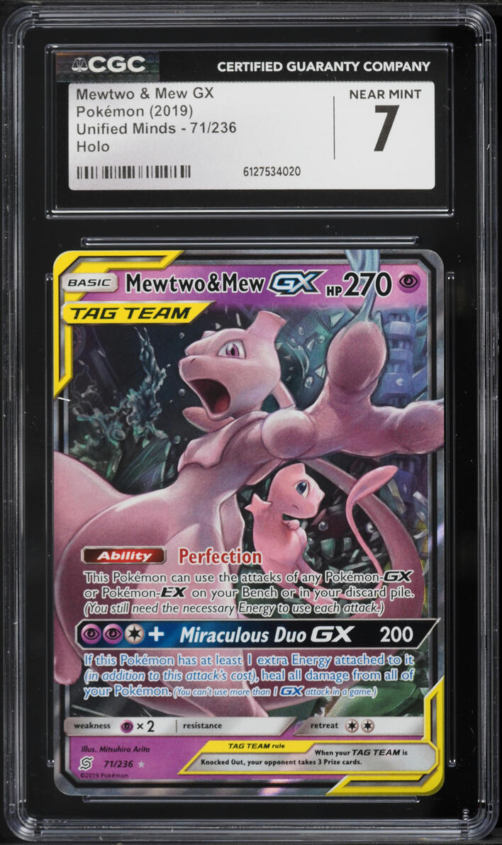 2019 Pokemon Sun & Moon Unified Minds Holo Mewtwo & Mew GX #71 CGC 7 NRMT