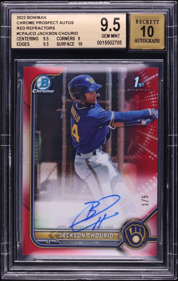 2022 Bowman Chrome Red Refractor Jackson Chourio PROSPECT AUTO 1/5 BGS 9.5 GEM