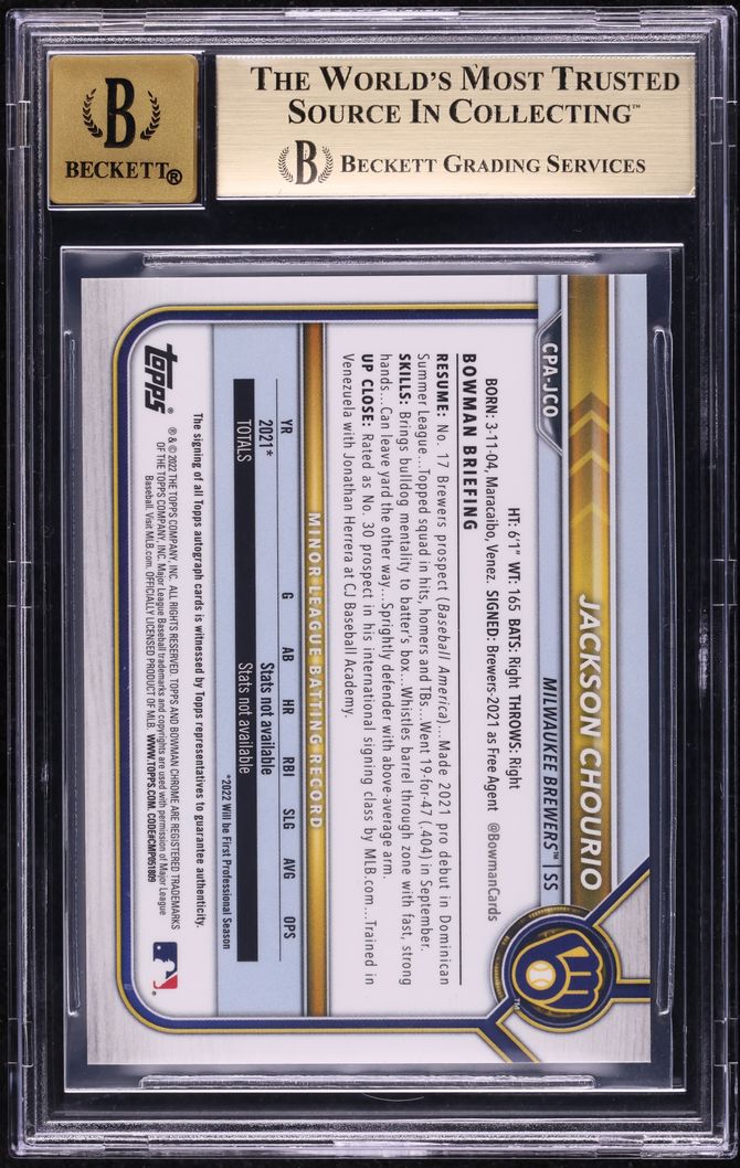 2022 Bowman Chrome Red Refractor Jackson Chourio PROSPECT AUTO 1/5 BGS 9.5 GEM