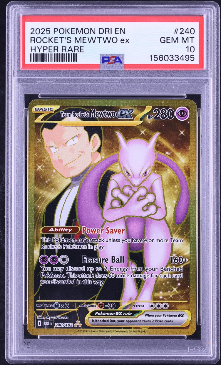 2025 Pokemon Scarlet & Violet Destined Rivals Gold Rare Team Rocket's Mewtwo Ex #240 PSA 10 GEM