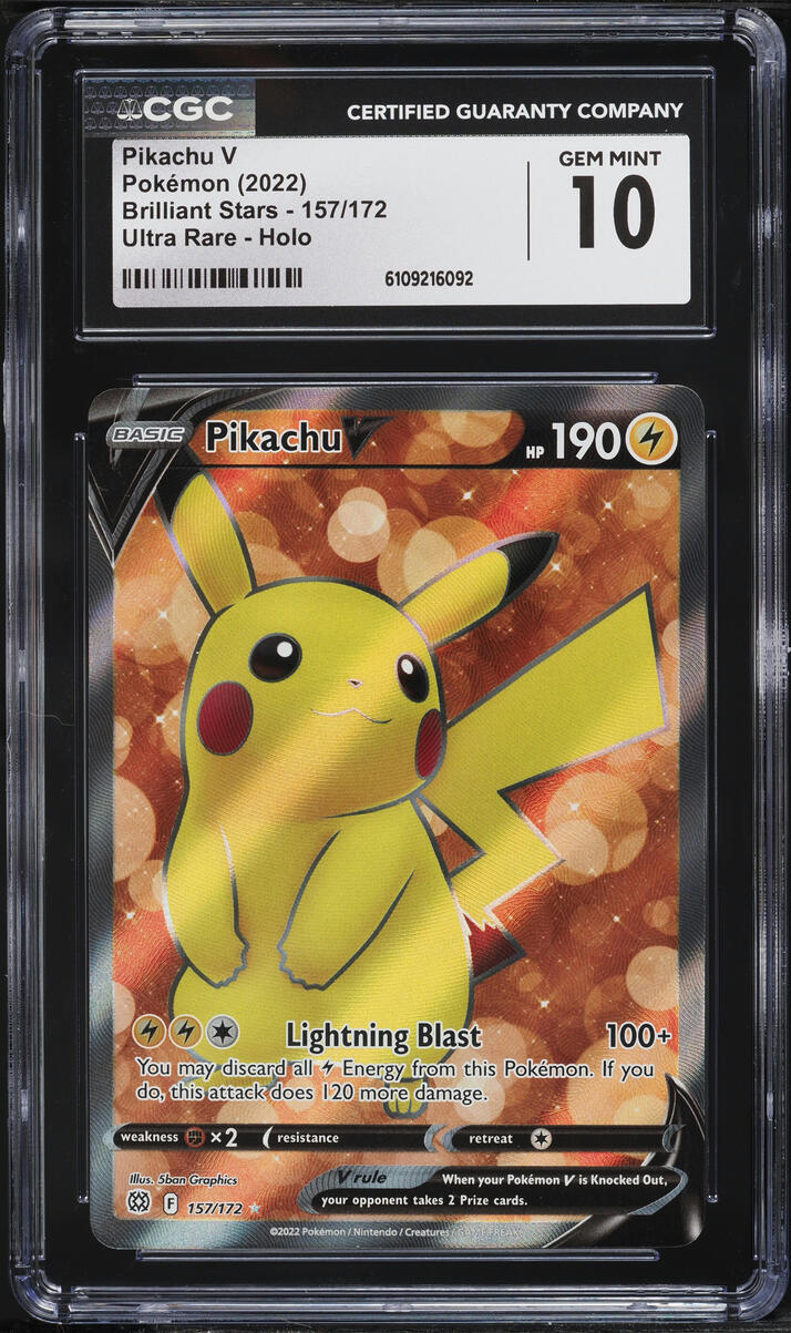 2022 Pokemon Sword & Shield Brilliant Stars Full Art Pikachu V #157 CGC 10 GEM MINT