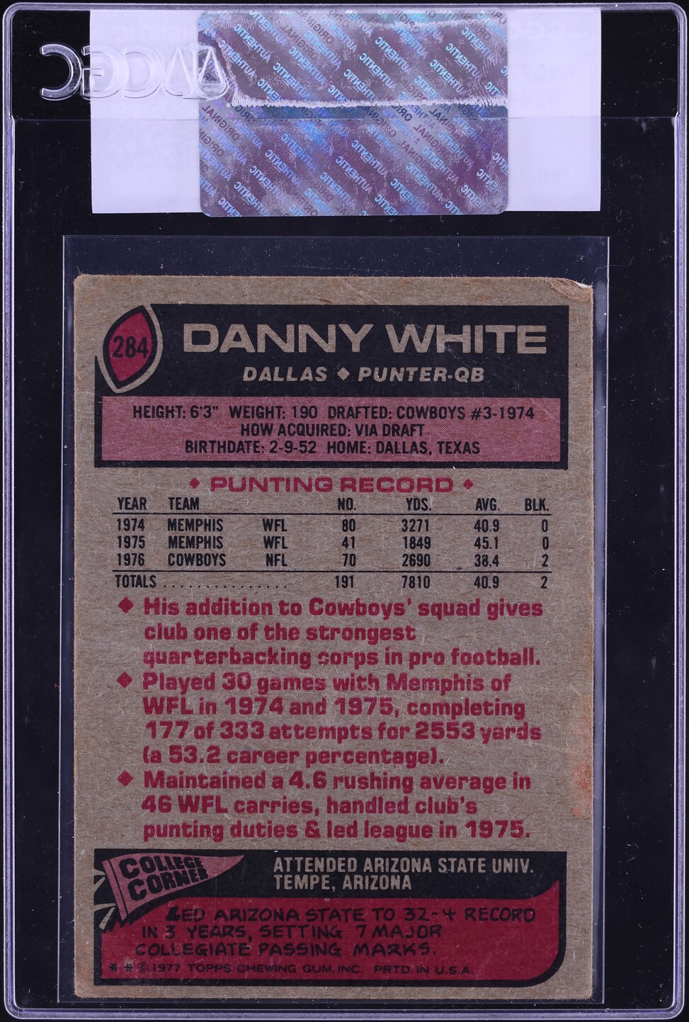 1977 Topps Football Danny White #284 CGC AUTH