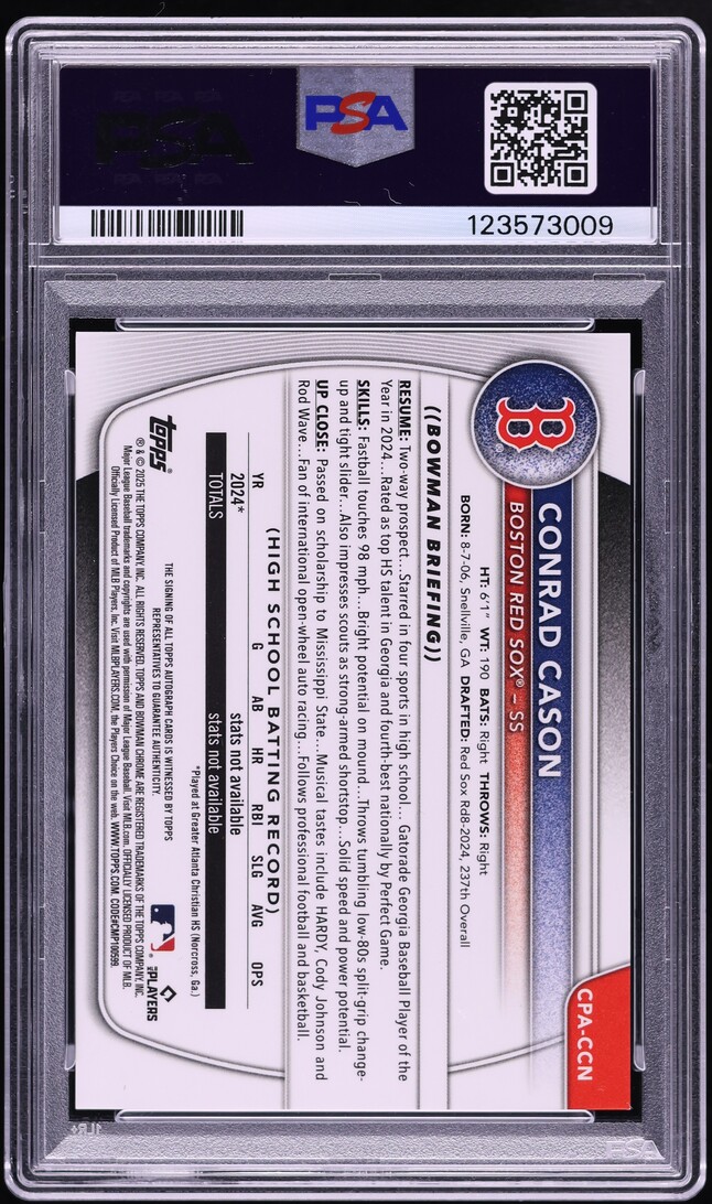 2025 Bowman Chrome Conrad Cason PROSPECT AUTO #CPACCN PSA 9 MINT