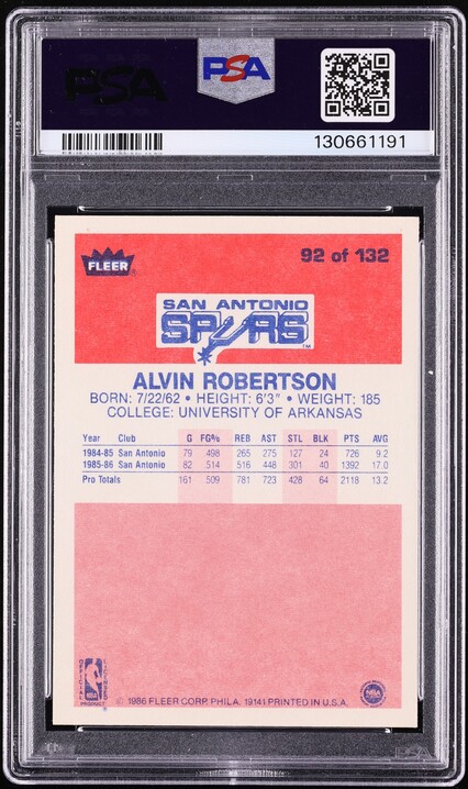 1986 Fleer Basketball Alvin Robertson #92 PSA 10 GEM MINT