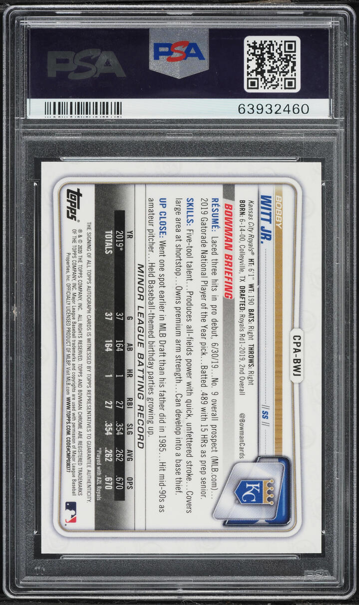 2020 Bowman Chrome Bobby Witt Jr. PROSPECT AUTO DNA 10 #CPA-BWJ PSA 10 GEM MINT