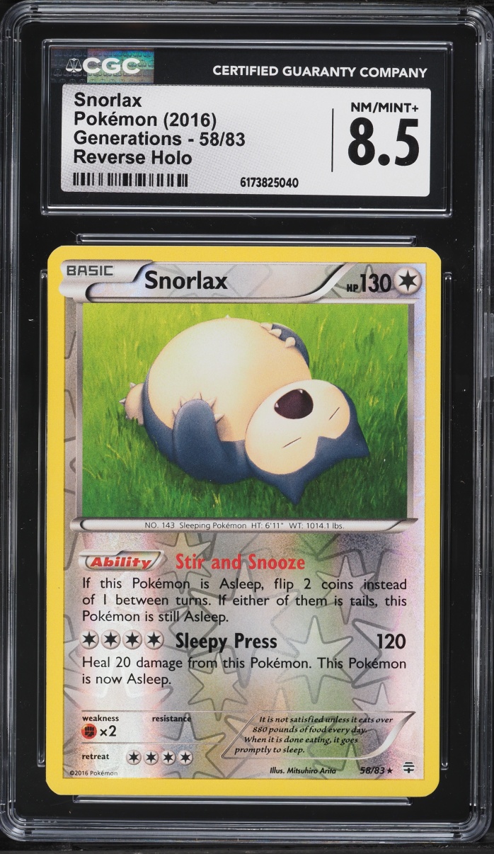 2016 Pokemon XY Generations Reverse Holo Snorlax #58 CGC 8.5 NM-MT+