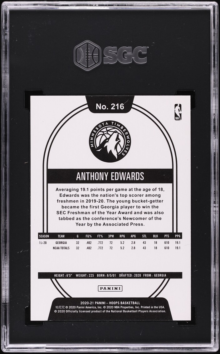 2020 Hoops Anthony Edwards ROOKIE #216 SGC 9.5 MINT+