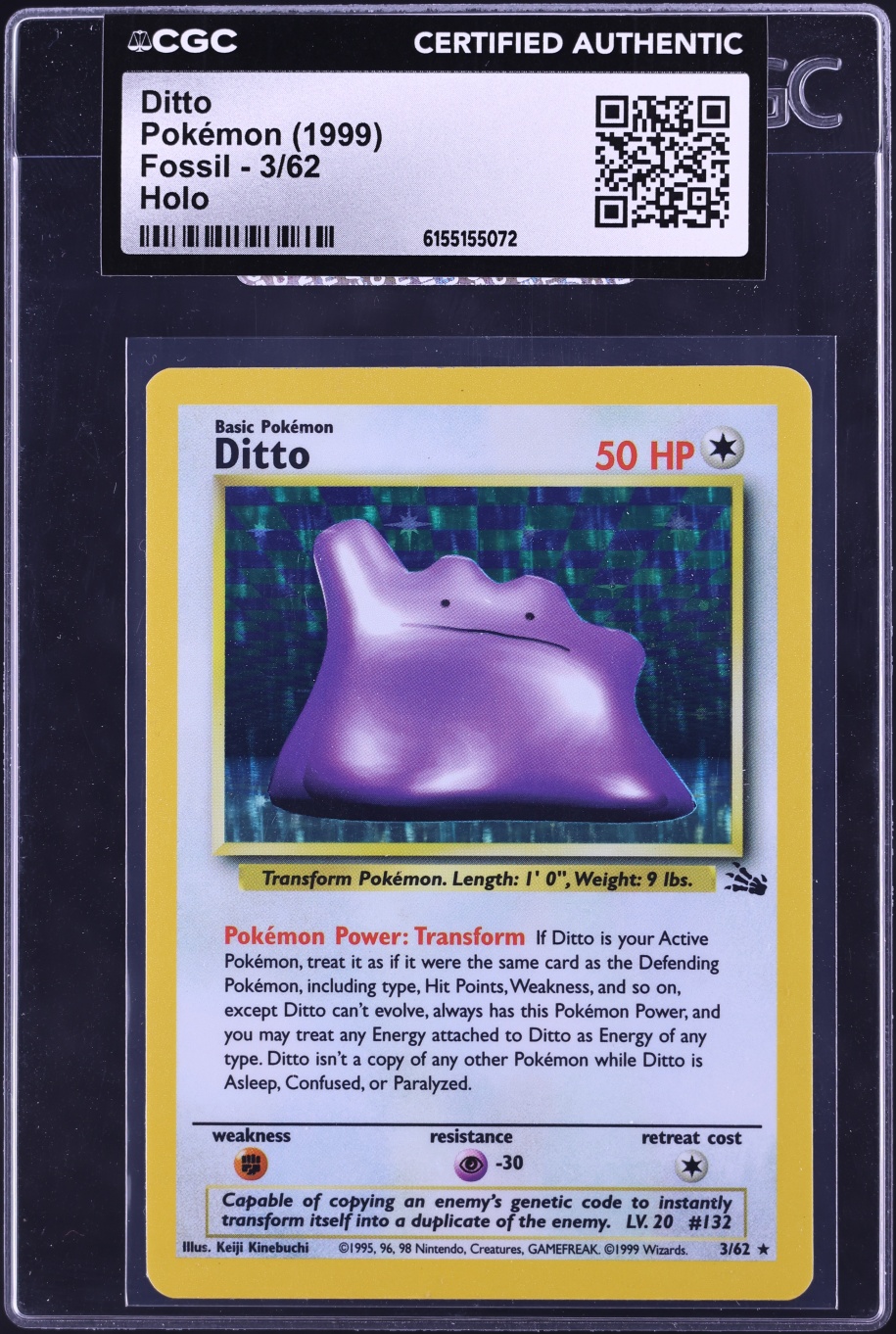 1999 Pokemon Fossil Holo Ditto #3 CGC AUTH